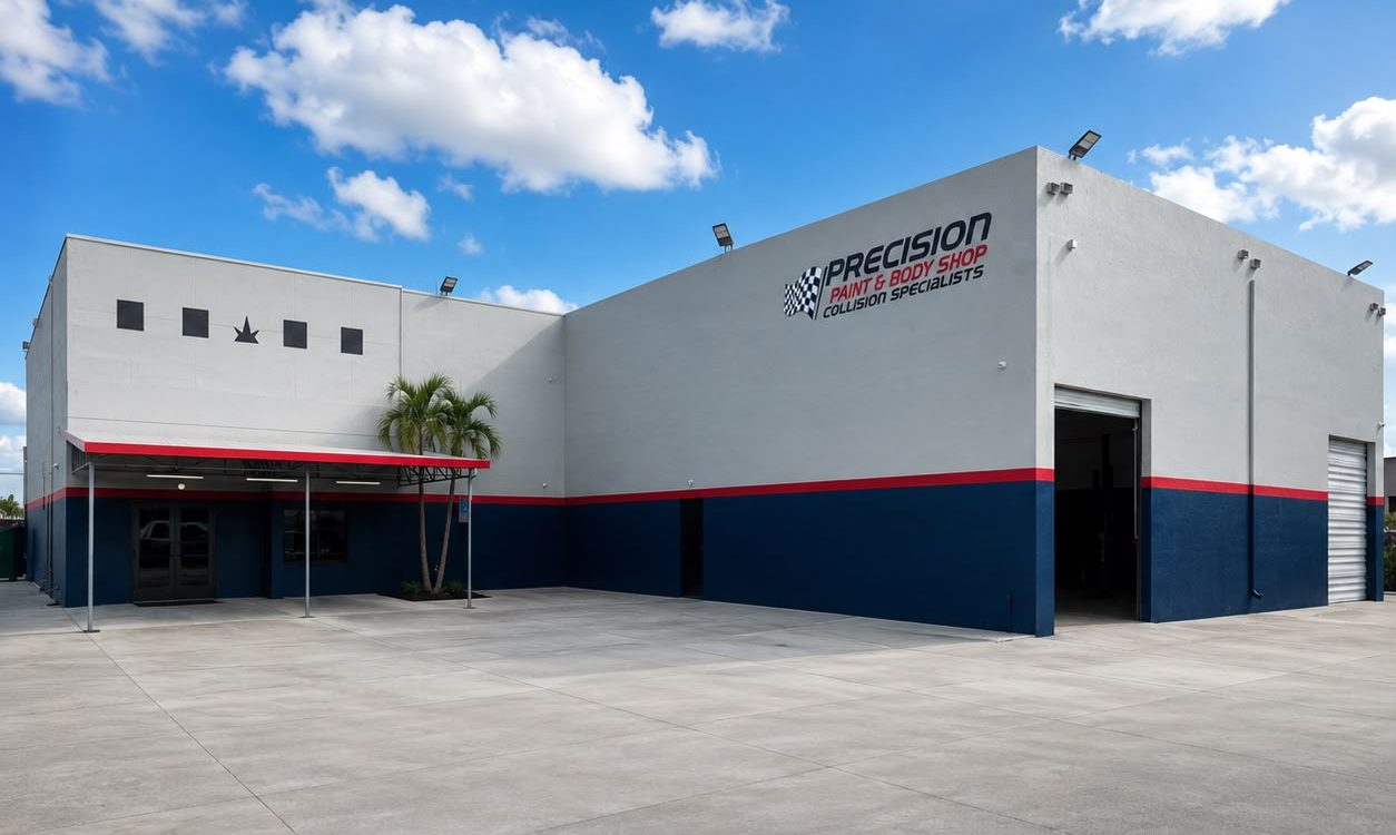 The Precision Paint & Body Shop headquarters in Opa-locka: a navy and white building with a red stripe, the company name above the corner, a covered customer entrance on the left and open repair bays on the right.