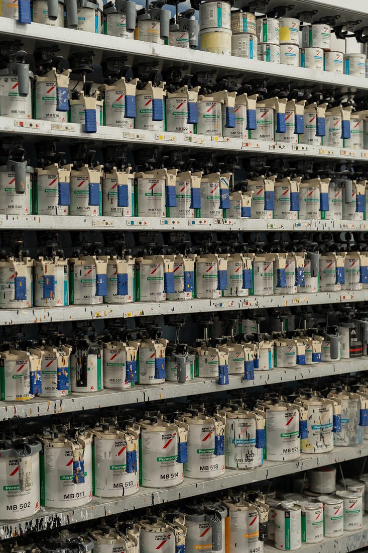 Floor-to-ceiling paint stock used for factory color matching
